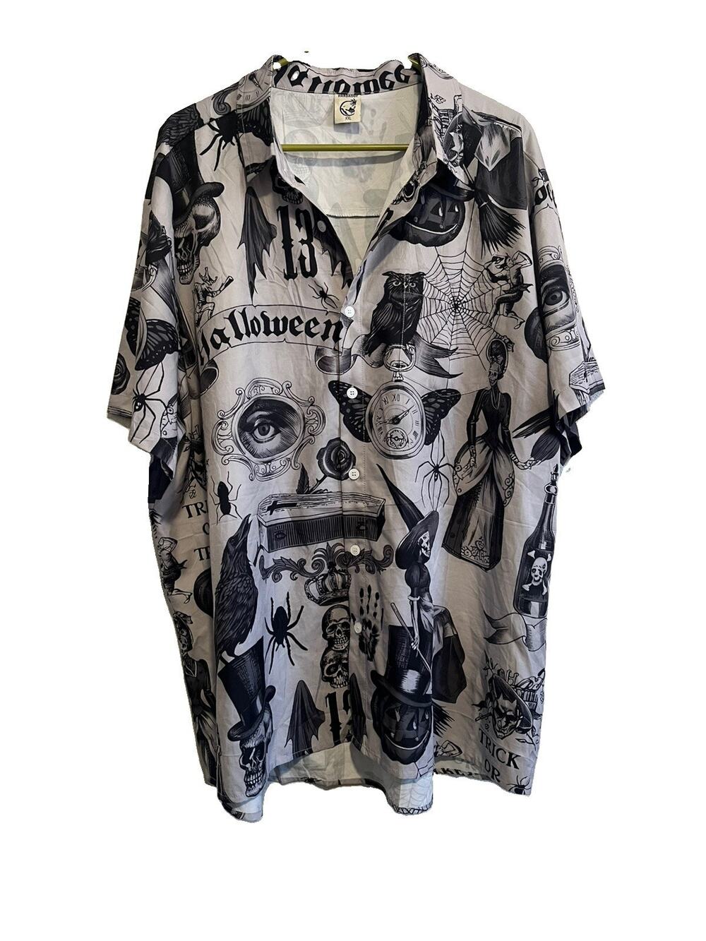 Hardaddy Mens XXL Halloween Shirt Skull Tattoo Gothic Graphic Button Up Spooky